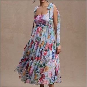 Anthropologie Geisha Designs Isabella Dress Blue Floral Tiered Dress Size 14